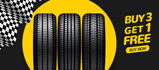 Car tire sale banner, buy 3 get 1 free. Car tyre service flyer promo background. Tire sale advertising