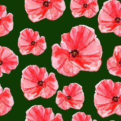 Watercolor red poppies on green background watercolor pattern.