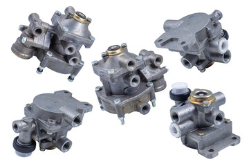 set of five brake control valves of a Russian car, isolated on a white background