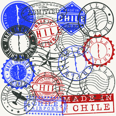 Chile Set of Stamps. Travel Passport Stamps. Made In Product. Design Seals in Old Style Insignia. Icon Clip Art Vector Collection.