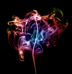 A colorful smoke spiral pattern in rainbow colours on black background.