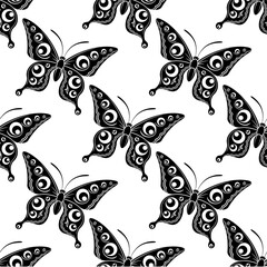 Seamless wallpaper with black silhouette of a butterfly. Vector illustration.