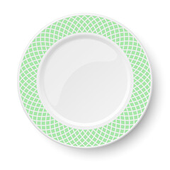 Empty classic white vector plate with green pattern isolated on white background. View from above.