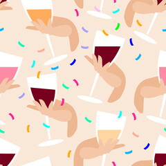 seamless pattern, glass of wine in hand with confetti. female hand holds glass of wine. alcoholic drink in glass. holiday party, celebration.