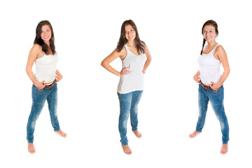 Three full length portraits of a gorgeous young woman wearing blue jeans and white top, isolated on white studio background