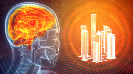 cg industry 3d illustration, brain affected by city life