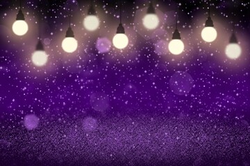 Fototapeta na wymiar purple cute shining glitter lights defocused light bulbs bokeh abstract background with sparks fly, festive mockup texture with blank space for your content