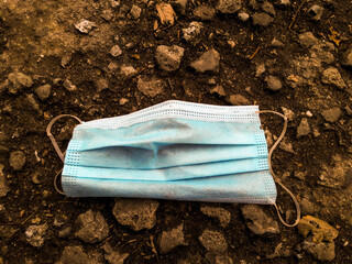 The used mask lies on the ground.
Protective agent against covid-19.
