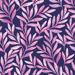 Seamless watercolor floral background. Botanical digital painted pattern. Trendy leaves illustration for fabric, wallpaper.