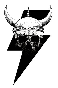 Vector illustration for human skull t-shirt with viking helmet  in the symbol of lightning. Ideal image for comic magazine cover.