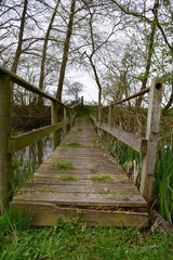 A photo of an old broken wooden bridge over the river. 