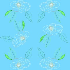 Seamless pattern of abstract flowers with leaves on a light blue background for textile.