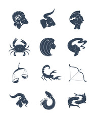 set of zodiac signs Astrology horoscope. Vector flat design cartoon web icons with handwritten text naming the mascots