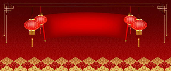 Banner asian elements with craft style on Banner asian elements with craft style on red background and Red label free text elements.