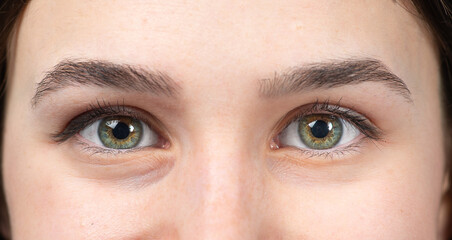 Close up of beautiful green eye of young woman without wrinkles or puffy eyes
