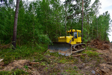 Fototapeta na wymiar Dozer during clearing forest for construction new road . Yellow Bulldozer at forestry work Earth-moving equipment at road work, land clearing, grading, pool excavation, utility trenching