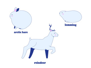 Happy and plump polar hare, lemming and reindeer. Vector image in eps format.