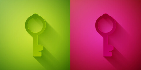 Paper cut Old key icon isolated on green and pink background. Paper art style. Vector.