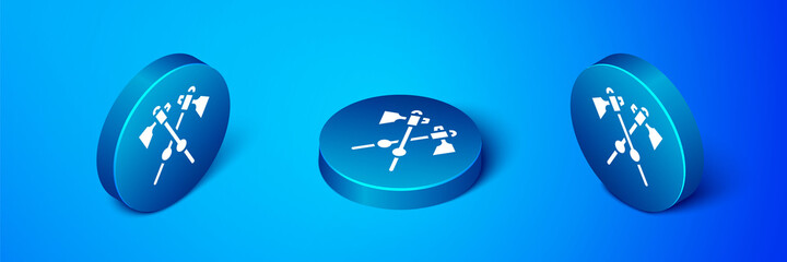 Isometric Crossed medieval axes icon isolated on blue background. Battle axe, executioner axe. Medieval weapon. Blue circle button. Vector.