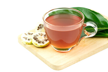 Noni juice and noni fruit sliced isolated on white background. Healthy concept.