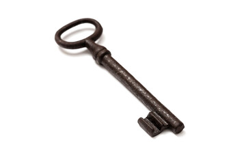 Old rusty key on white background