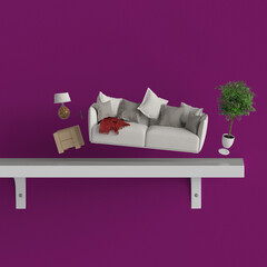 Schwebendes Sofa und Möbel auf Regal vor lila Wand