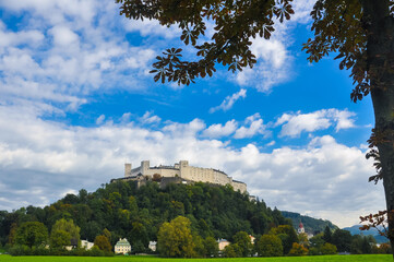 Fototapeta na wymiar Hohensalzburg is one of the largest medieval fortresses in Europe. Located on the top of Mount Festung near Salzburg, Austria.