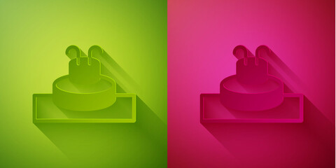 Paper cut Fountain icon isolated on green and pink background. Paper art style. Vector.