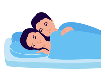 Discord in the relationship of a couple in bed. Psychological, intimate family problems of men and women. Insomnia, fatigue, frustration. Vector illustration
