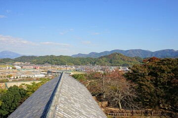 View of bright autumn leaves and city landscape from Hikone Castle, Nishinomaru, in Shiga, Japan - 日本 滋賀 彦根城 西の丸からの眺望