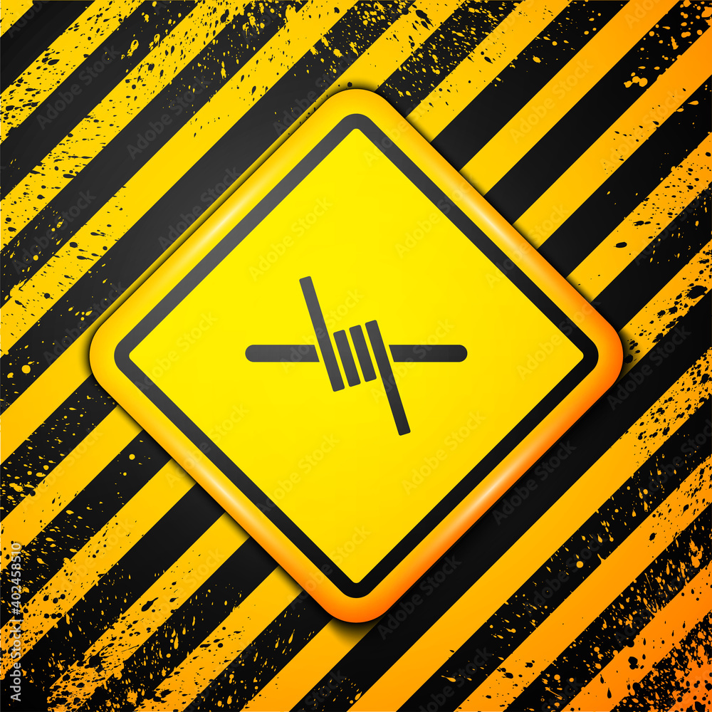 Sticker black barbed wire icon isolated on yellow background. warning sign. vector.