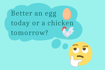 egg and chicken matter with text and icons and thinking face with thought bubble on light blue background,vector illustration