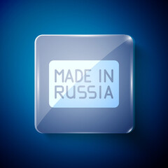 White Made in Russia icon isolated on blue background. Square glass panels. Vector.