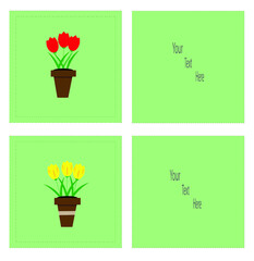 Small postcards .Set of flowers .  Postcards for beloved mothers and beloved women. Spring came. Tulips are red, orange, yellow. On a green background.