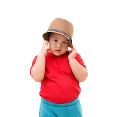 Cute healthy boy with a hat and a red t-shirt. Isolated on white background.