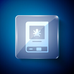 White Book about insect icon isolated on blue background. Square glass panels. Vector.