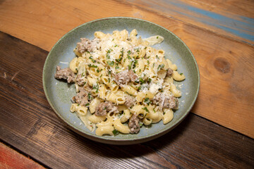 A delicious plate of Greek Yoghurt Pasta in a kitchen