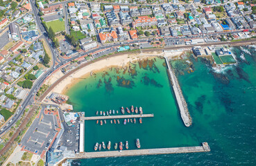 Cape Town, Western Cape, South Africa - 12.22.2020: Aerial photo of Kalk Bay Harbour