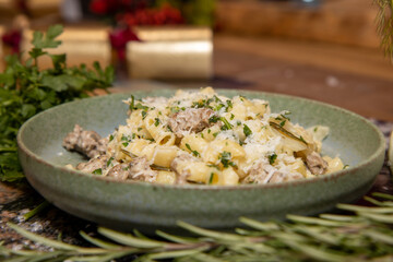A delicious plate of Greek Yoghurt Pasta in a kitchen