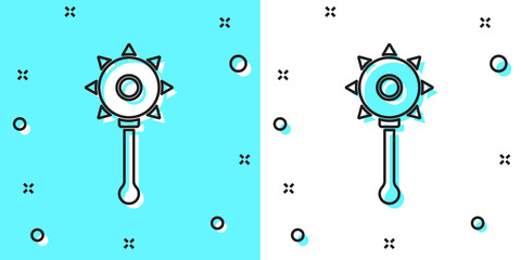 Obraz premium Black line Medieval chained mace ball icon isolated on green and white background. Medieval weapon. Random dynamic shapes. Vector.