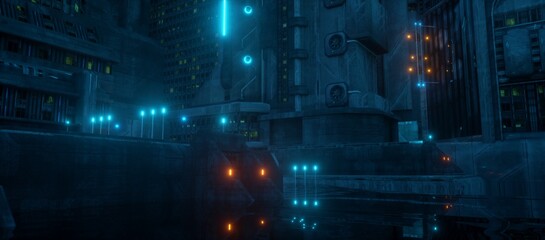 Dark urban future. Evening street of a futuristic city. Wallpaper in a cyberpunk style. Industrial landscape with bright neon lights and huge futuristic buildings. 3D illustration.