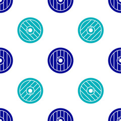 Blue Round wooden shield icon isolated seamless pattern on white background. Security, safety, protection, privacy, guard concept. Vector.
