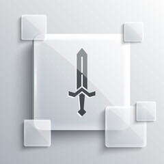 Grey Medieval sword icon isolated on grey background. Medieval weapon. Square glass panels. Vector.