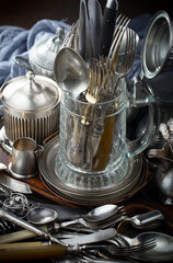 Silver dishes on old background