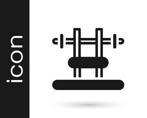 Black Bench with barbel icon isolated on white background. Gym equipment. Bodybuilding, powerlifting, fitness concept. Vector.