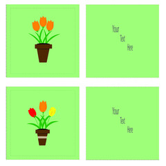 Small postcards . Postcards for beloved mothers and beloved women. Spring came. Tulips are red, orange, yellow. On a green background.