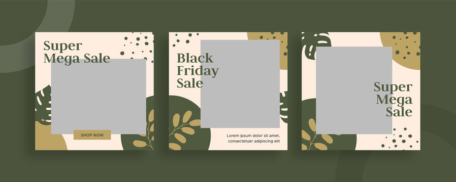 Set of editable templates for Instagram post, Facebook square frame, Black Friday, social media, advertisement, and business promotion, fresh design with green color and minimalist vector (3/3)