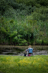 A man fishing in a swamp