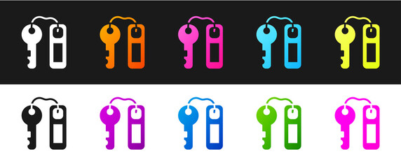 Set Hotel door lock key with number tag icon isolated on black and white background. Vector.