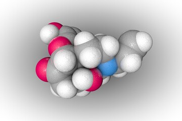 Molecular structure of naloxone. Atoms are represented as spheres with conventional color coding: carbon (grey), nitrogen (blue), oxygen (red), hydrogen (white). 3d illustration
